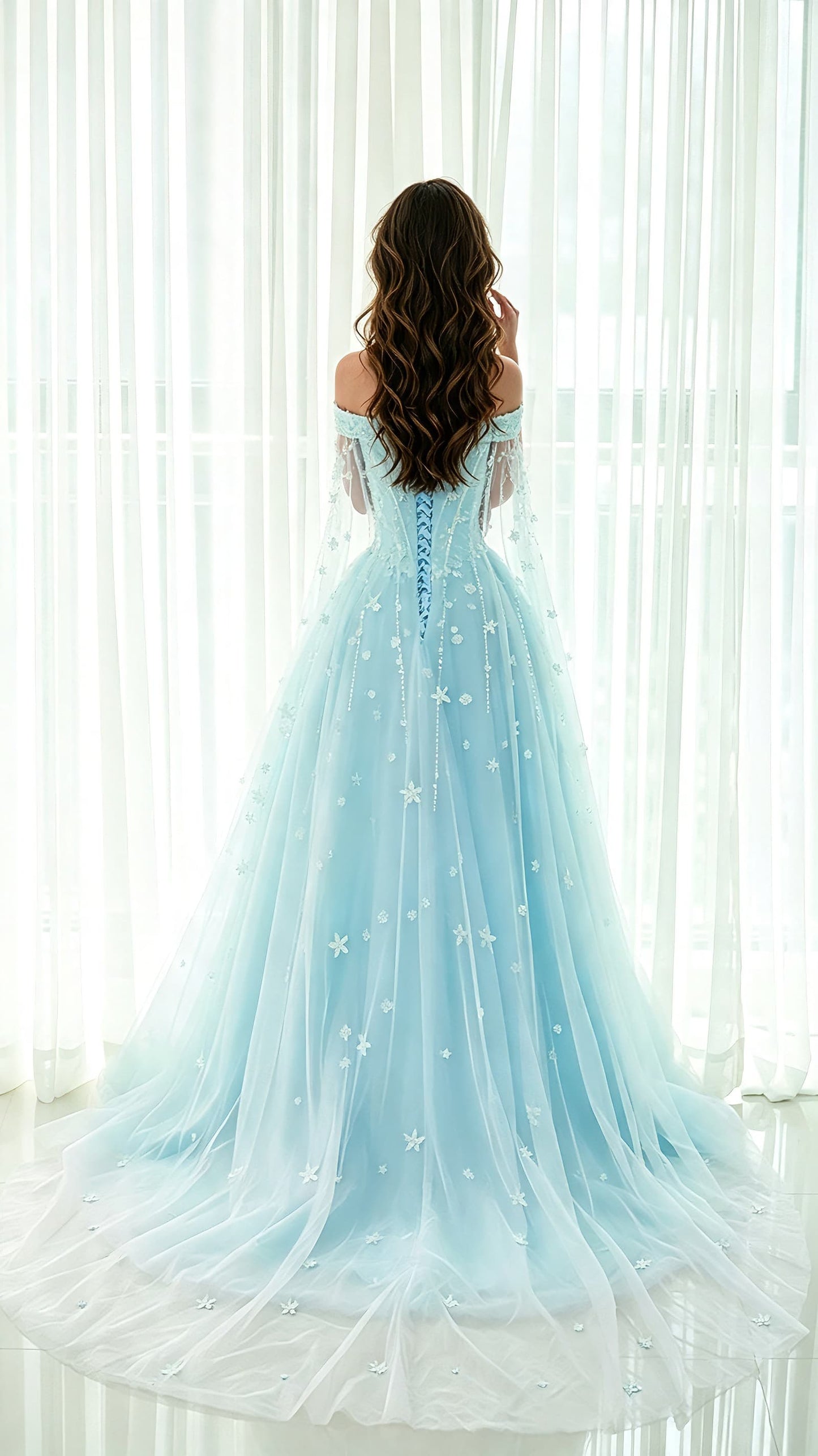 2026 A-line Blue Evening Dress Off Shoulder Tulle Long Formal Dress LFNL0547