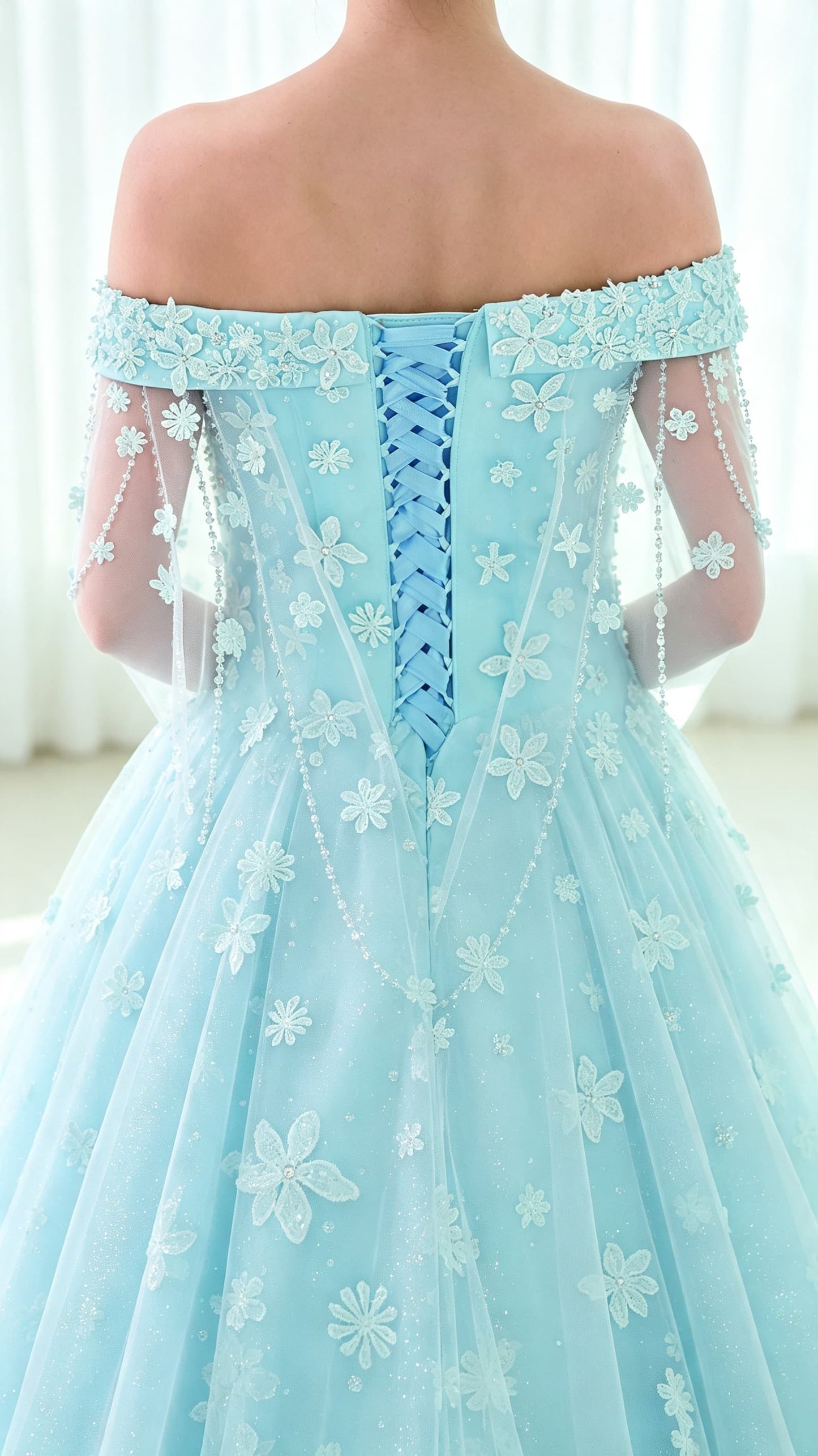 2026 A-line Blue Evening Dress Off Shoulder Tulle Long Formal Dress LFNL0547