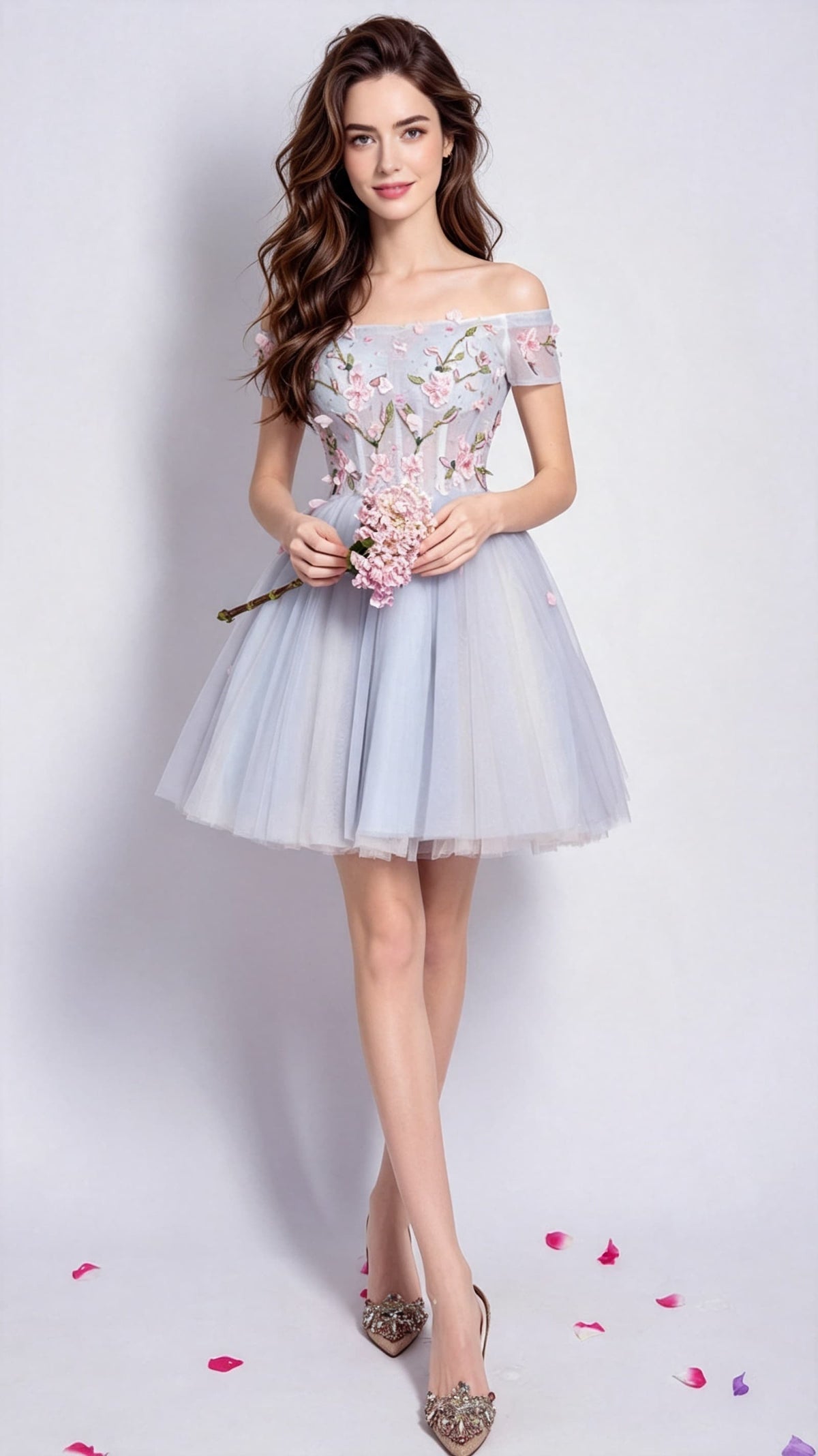 Polished A-line Light Blue Evening Dress Off the Shoulder Organza Short Homecoming Dress LFNC0169