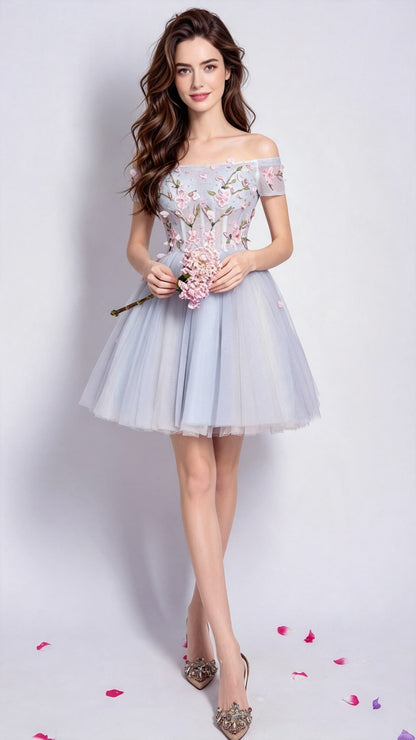 Polished A-line Light Blue Evening Dress Off the Shoulder Organza Short Homecoming Dress LFNC0169