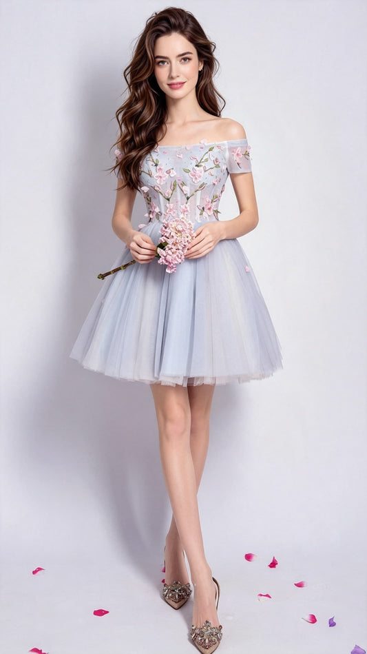Polished A-line Light Blue Evening Dress Off the Shoulder Organza Short Homecoming Dress LFNC0169