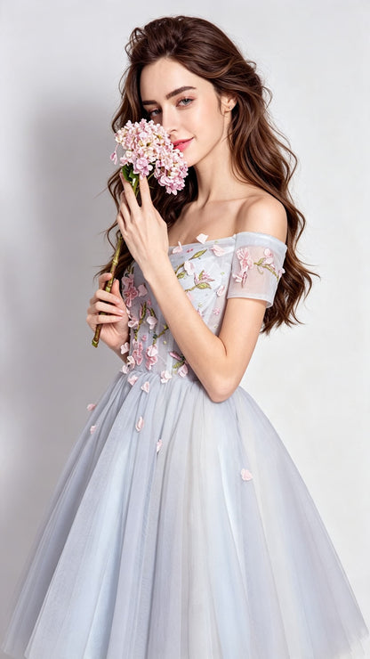 Polished A-line Light Blue Evening Dress Off the Shoulder Organza Short Homecoming Dress LFNC0169