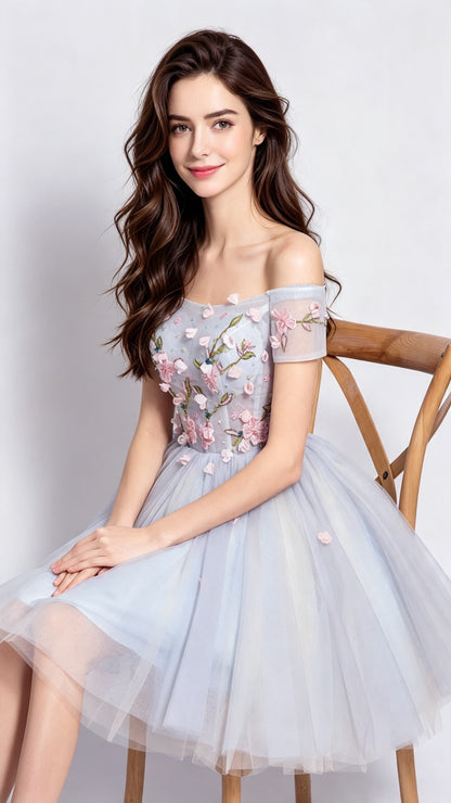 Polished A-line Light Blue Evening Dress Off the Shoulder Organza Short Homecoming Dress LFNC0169