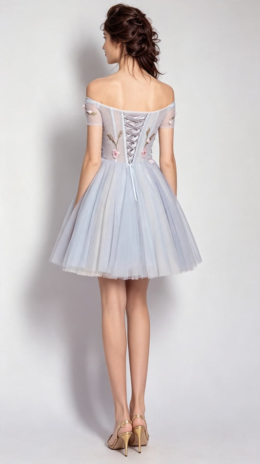 Polished A-line Light Blue Evening Dress Off the Shoulder Organza Short Homecoming Dress LFNC0169