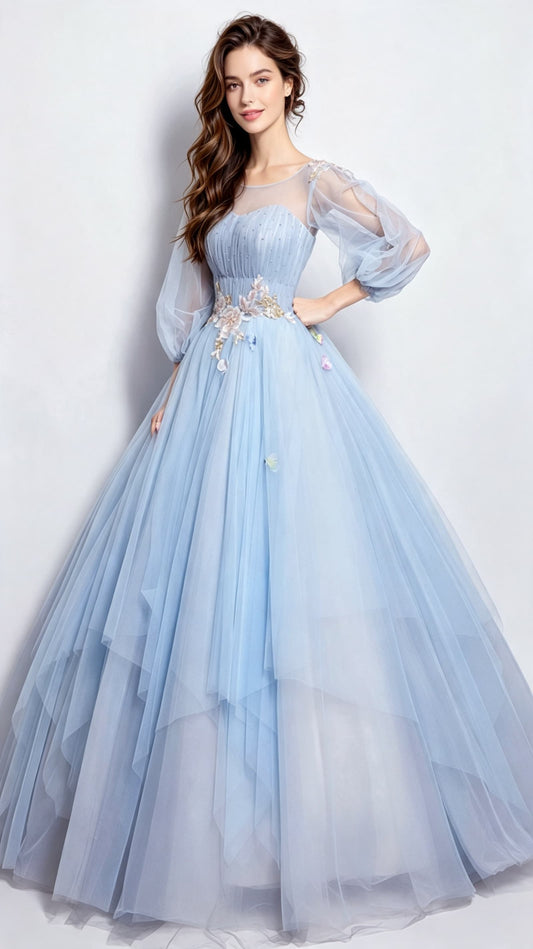 Effortless A-line Light Blue Evening Dress Round Neck Tulle Ball Gown LFNC0170