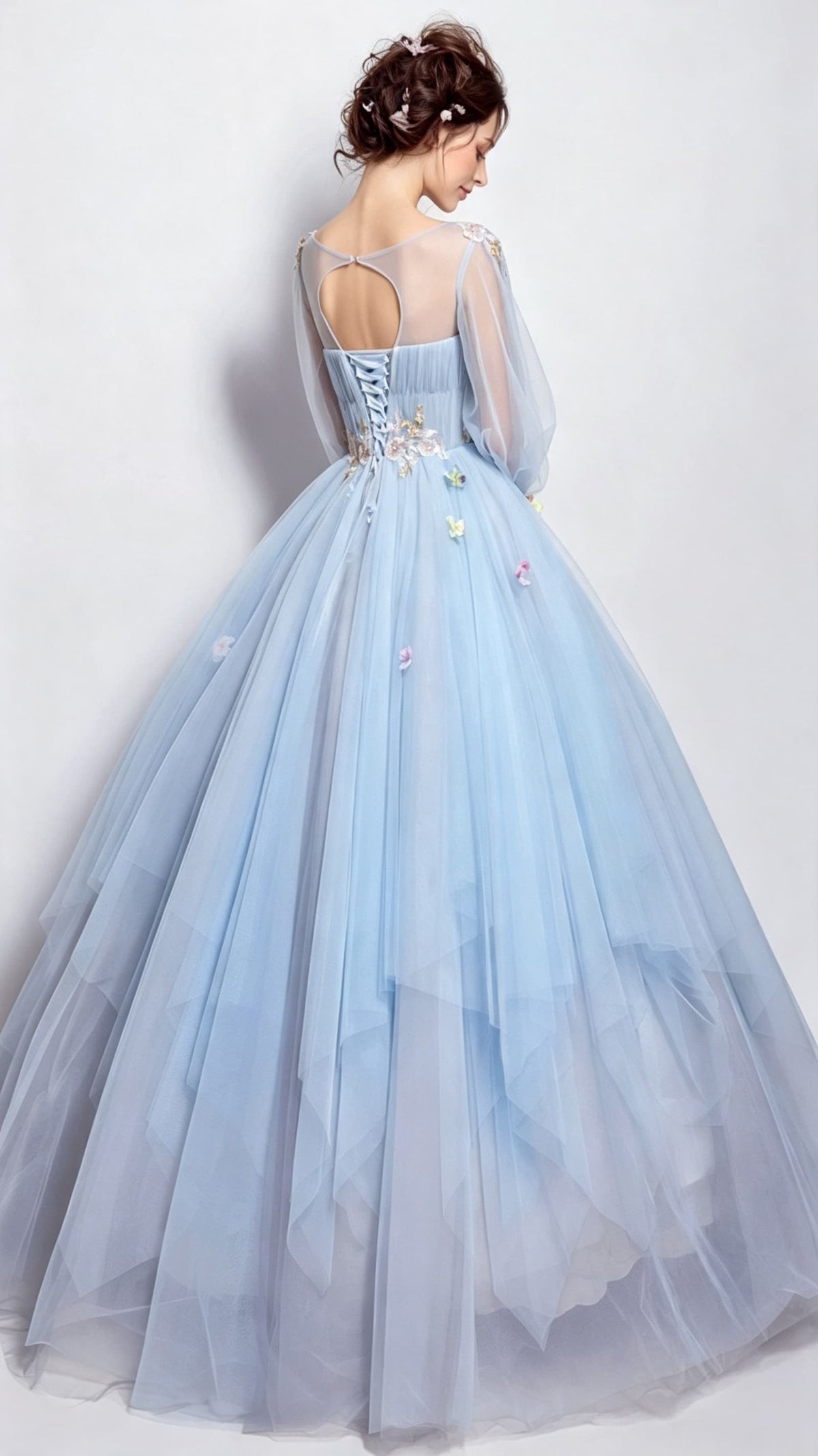 Effortless A-line Light Blue Evening Dress Round Neck Tulle Ball Gown LFNC0170