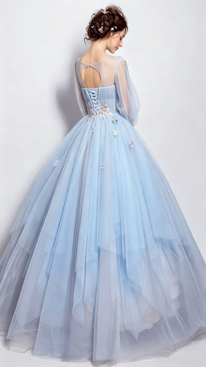 Effortless A-line Light Blue Evening Dress Round Neck Tulle Ball Gown LFNC0170