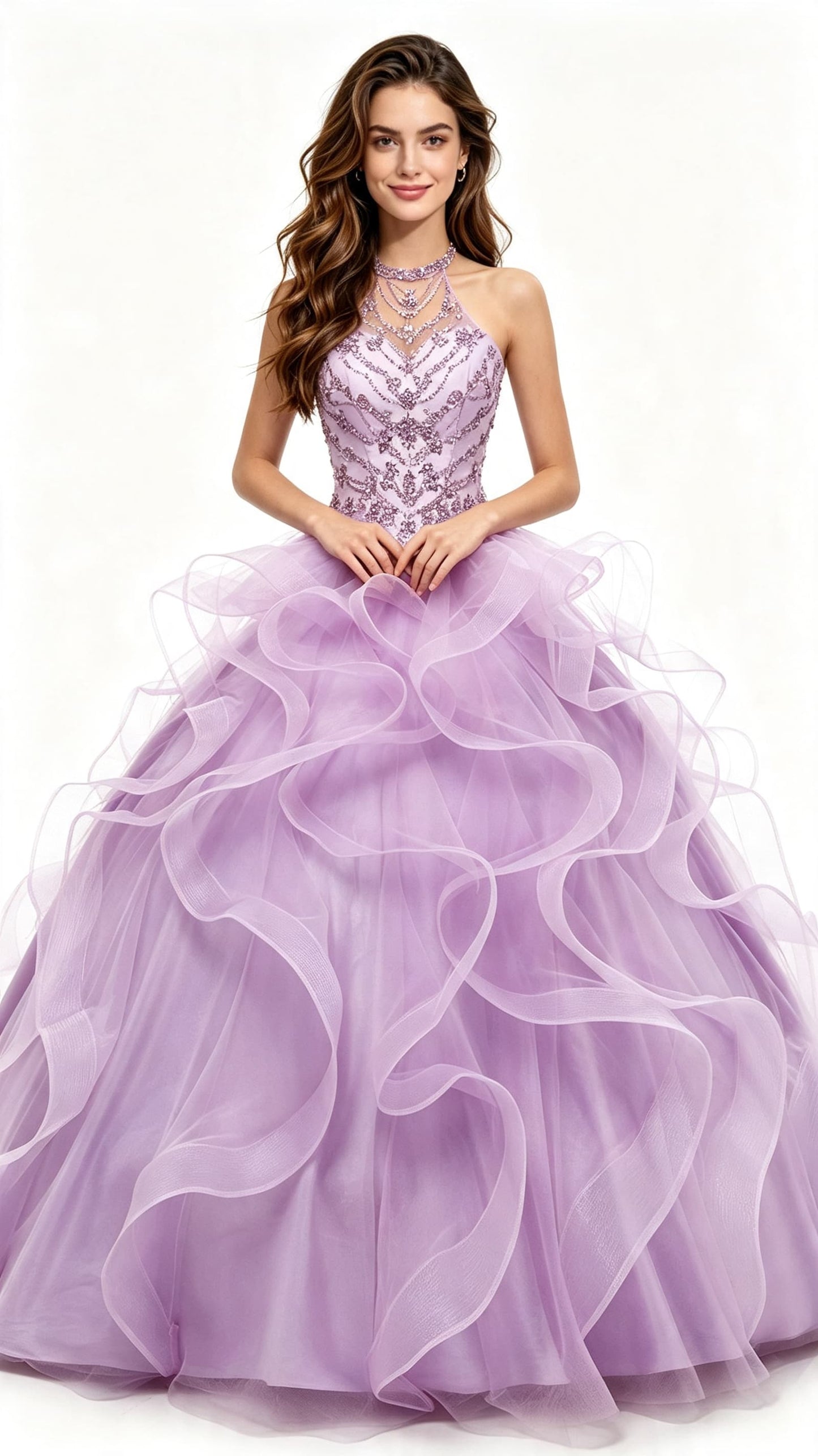 Beaded Ruffled Ball Gown Lavenbder Wedding Halter Tulle Floor Length Evening Dress LFNG0044