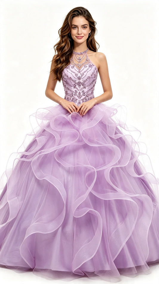 Beaded Ruffled Ball Gown Lavenbder Wedding Halter Tulle Floor Length Evening Dress LFNG0044