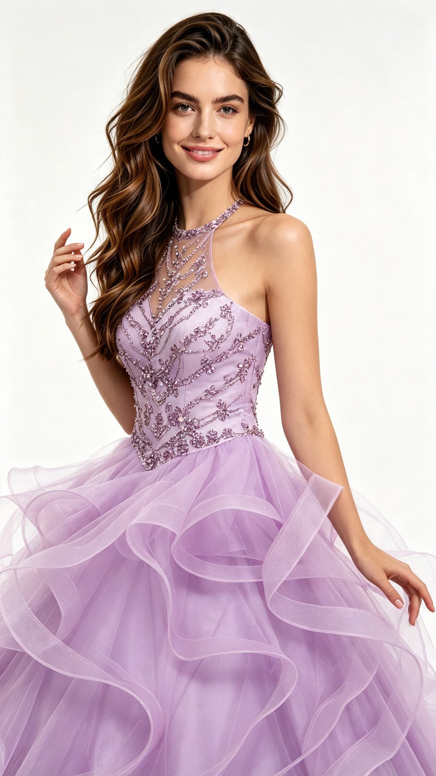 Beaded Ruffled Ball Gown Lavenbder Wedding Halter Tulle Floor Length Evening Dress LFNG0044