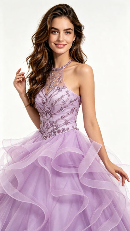 Beaded Ruffled Ball Gown Lavenbder Wedding Halter Tulle Floor Length Evening Dress LFNG0044