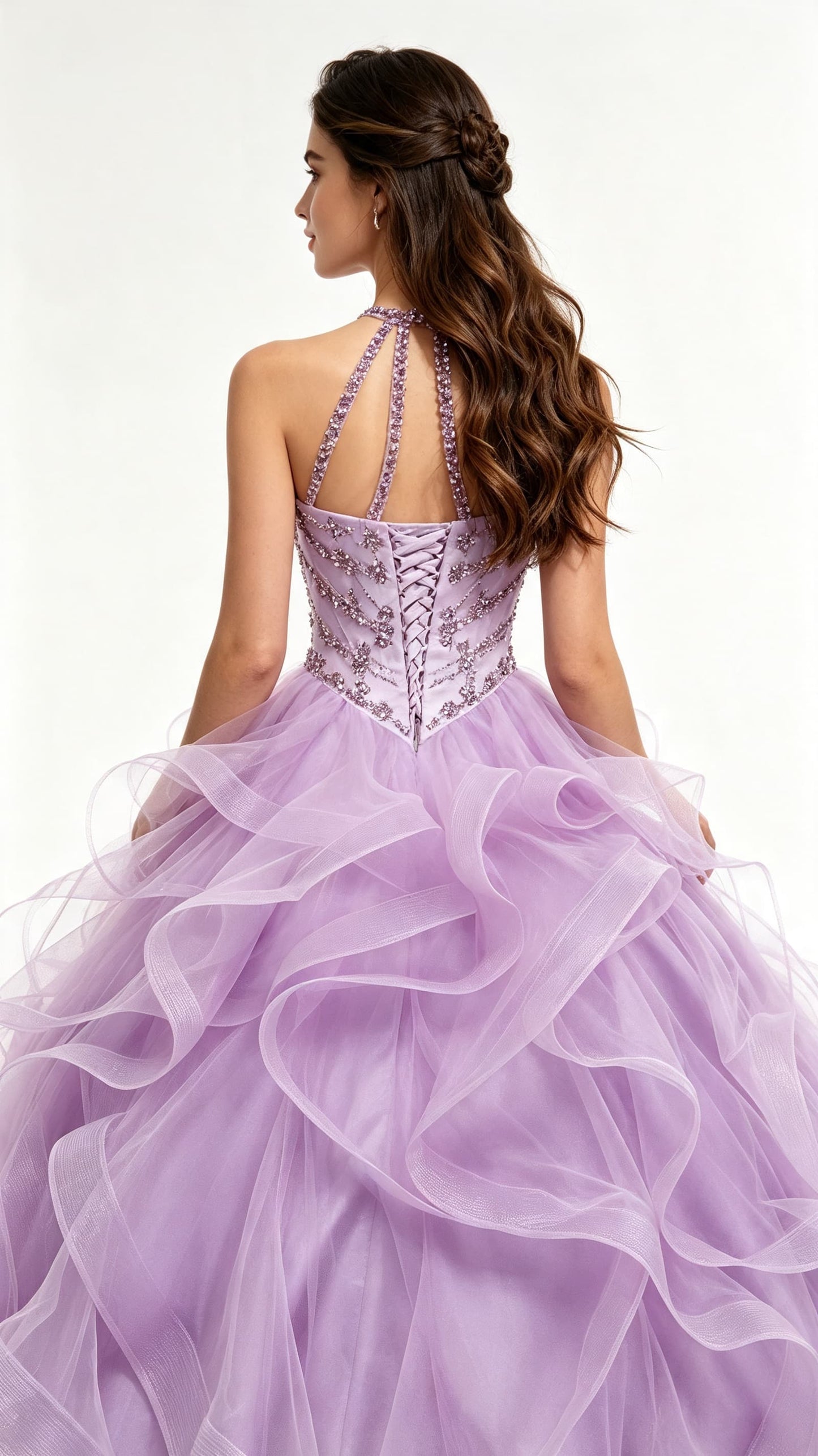 Beaded Ruffled Ball Gown Lavenbder Wedding Halter Tulle Floor Length Evening Dress LFNG0044