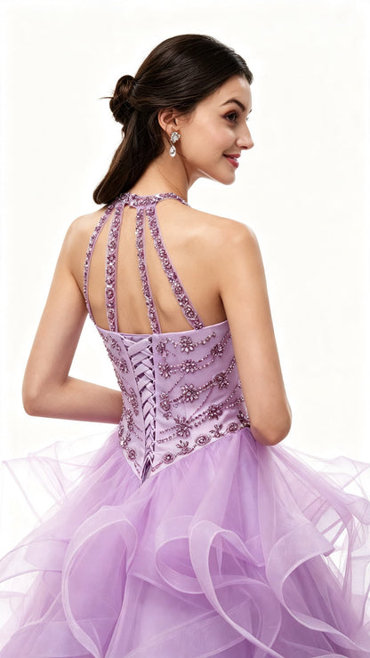 Beaded Ruffled Ball Gown Lavenbder Wedding Halter Tulle Floor Length Evening Dress LFNG0044