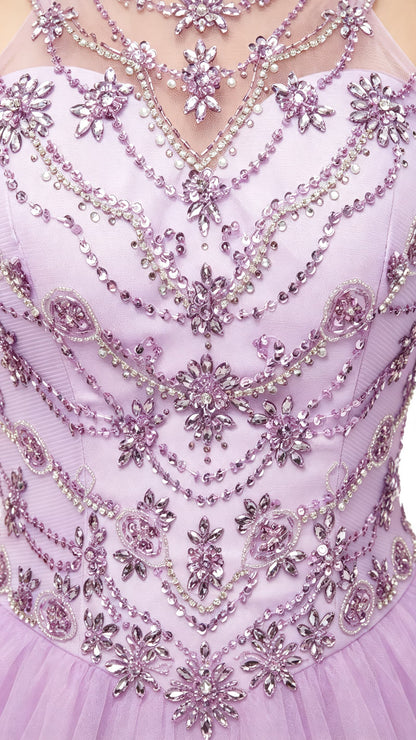 Beaded Ruffled Ball Gown Lavenbder Wedding Halter Tulle Floor Length Evening Dress LFNG0044