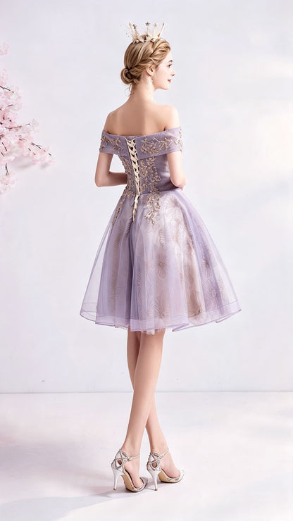 Feminine A-line Purple Evening Dress Off Shoulder Organza Short Formal Dress LFNC0414