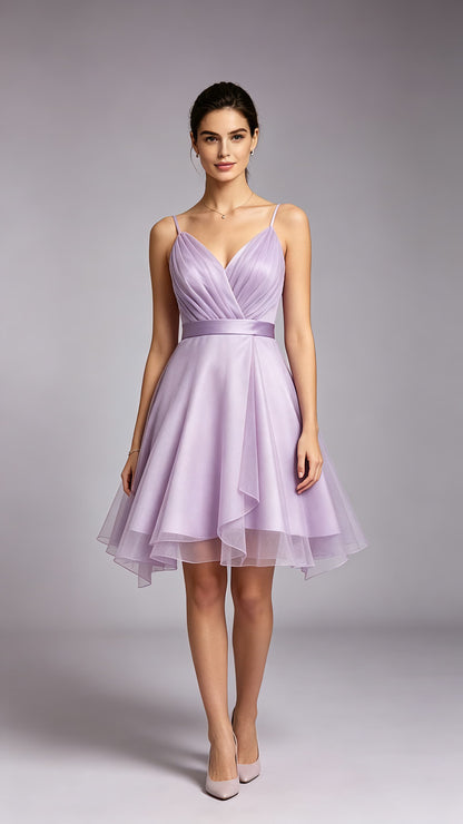 Flattering A-line Purple Evening Gowns Straps Polyester Tulle Short Formal Dress Zimmerformal