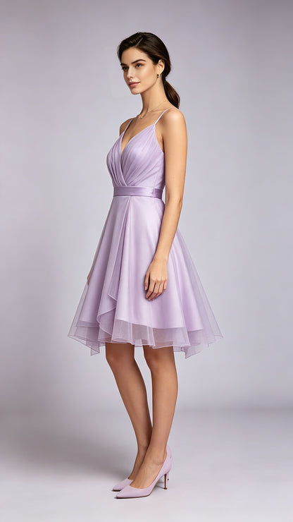Flattering A-line Purple Evening Gowns Straps Polyester Tulle Short Formal Dress LFNL0808