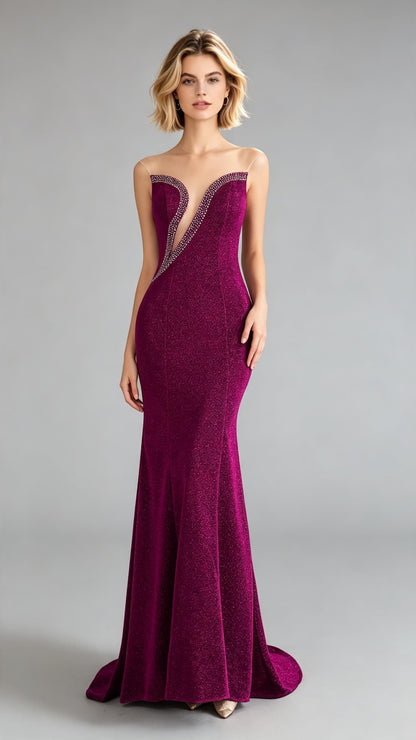 Timeless Mermaid Purple Evening Gowns Round Neck Sequins Maxi Dress LFNL0646