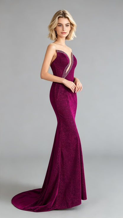 Timeless Mermaid Purple Evening Gowns Round Neck Sequins Maxi Dress LFNL0646