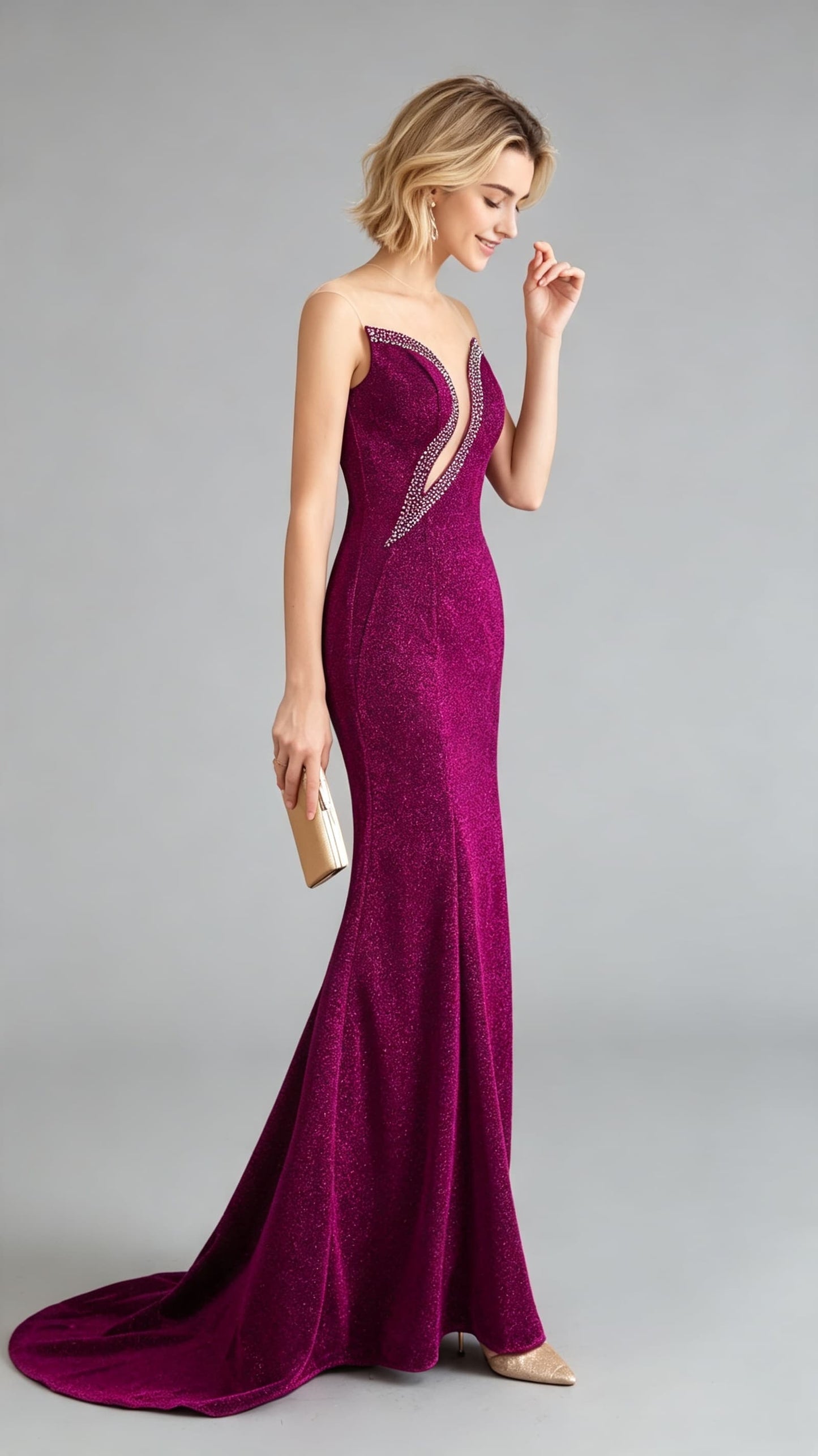 Timeless Mermaid Purple Evening Gowns Round Neck Sequins Maxi Dress LFNL0646