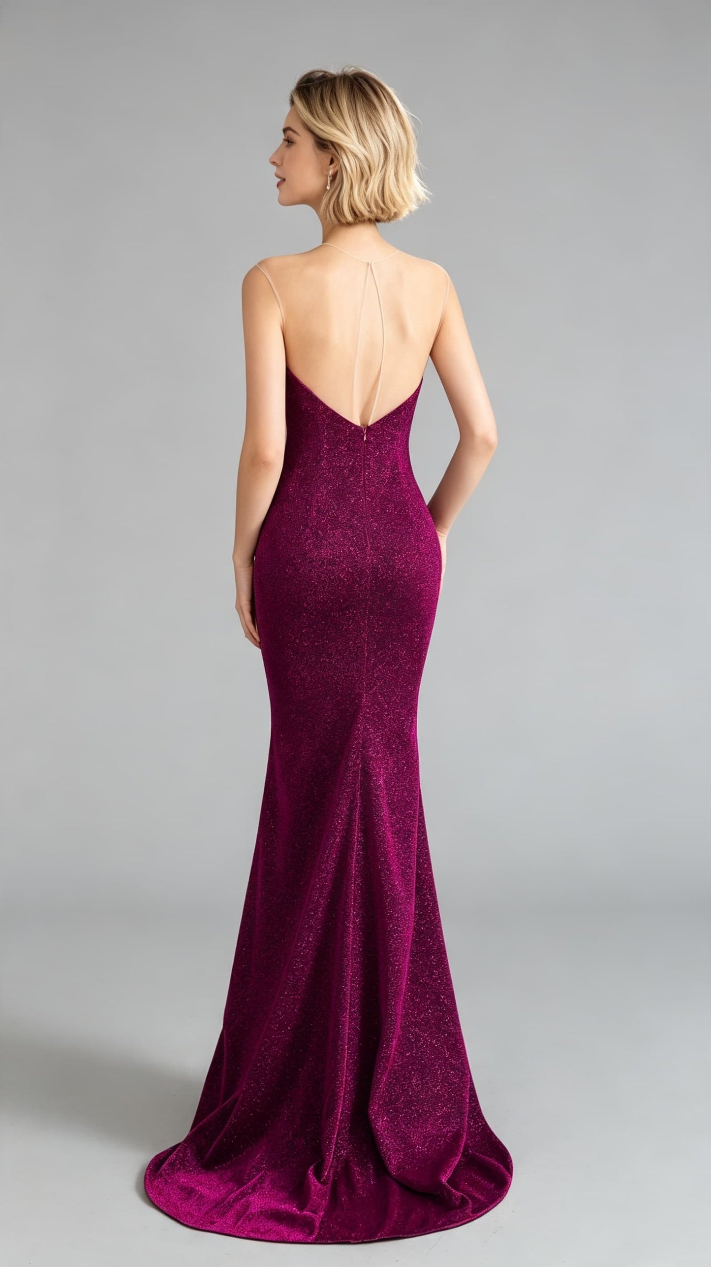 Timeless Mermaid Purple Evening Gowns Round Neck Sequins Maxi Dress LFNL0646