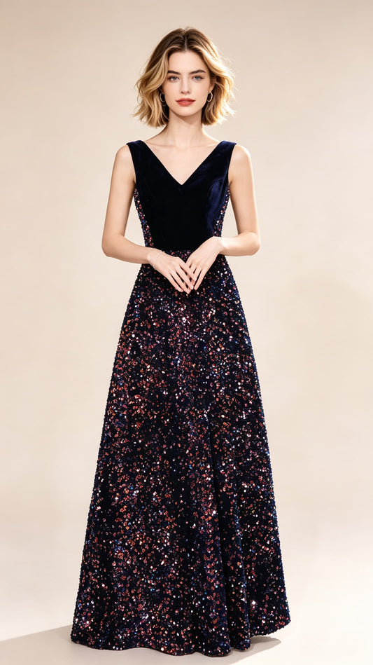 2026 A-line Black Evening Dress V Neck Sequins Long Formal Dress LFNC0437