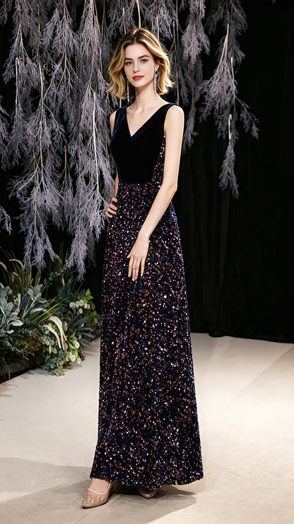 2026 A-line Black Evening Dress V Neck Sequins Long Formal Dress LFNC0437
