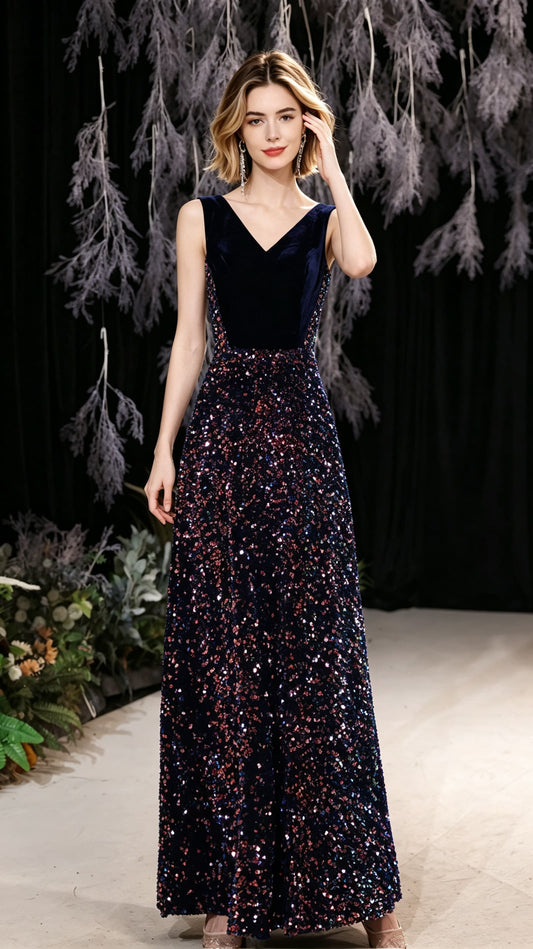 2026 A-line Black Evening Dress V Neck Sequins Long Formal Dress LFNC0437