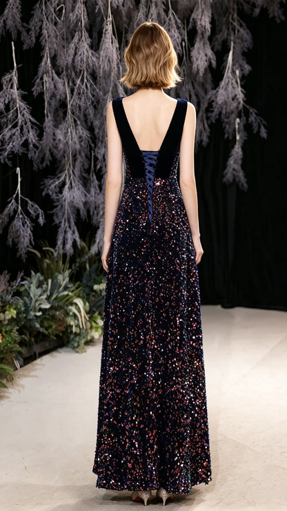 2026 A-line Black Evening Dress V Neck Sequins Long Formal Dress LFNC0437