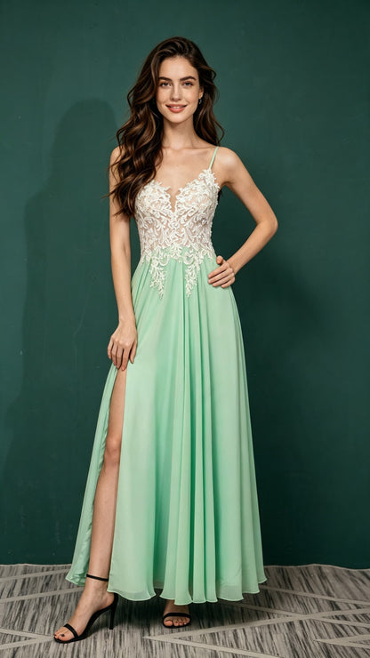 Gorgeous A-line Green Evening Gowns Straps Chiffon Maxi Dress LFNL0657