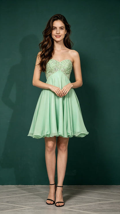 Flowy A-line Green Homecoming Dress Strapless Chiffon Short Formal Dress LFNL0652