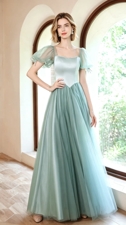 Sleek A-line Green Evening Dress Square Collar Satin Tulle Long Formal Dress LFNC0374