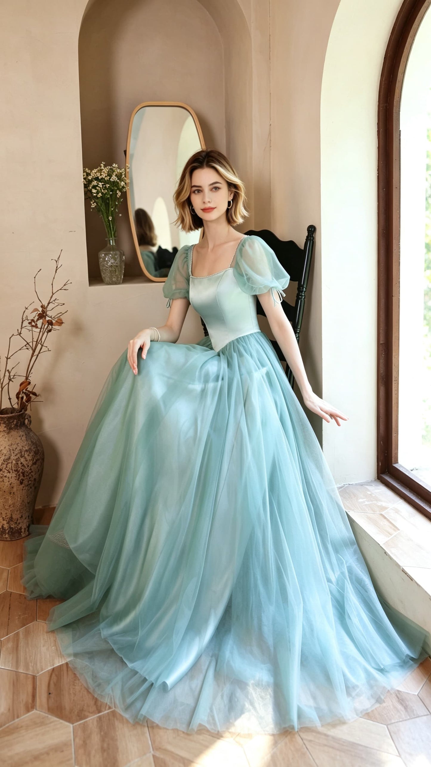 Sleek A-line Green Evening Dress Square Collar Satin Tulle Long Formal Dress LFNC0374