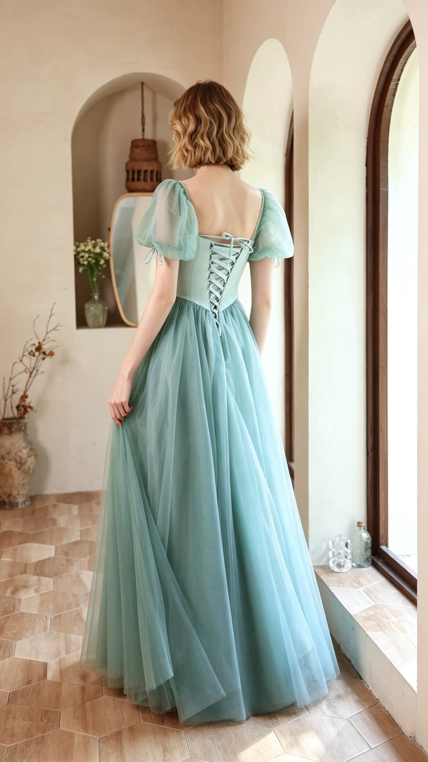 Sleek A-line Green Evening Dress Square Collar Satin Tulle Long Formal Dress LFNC0374