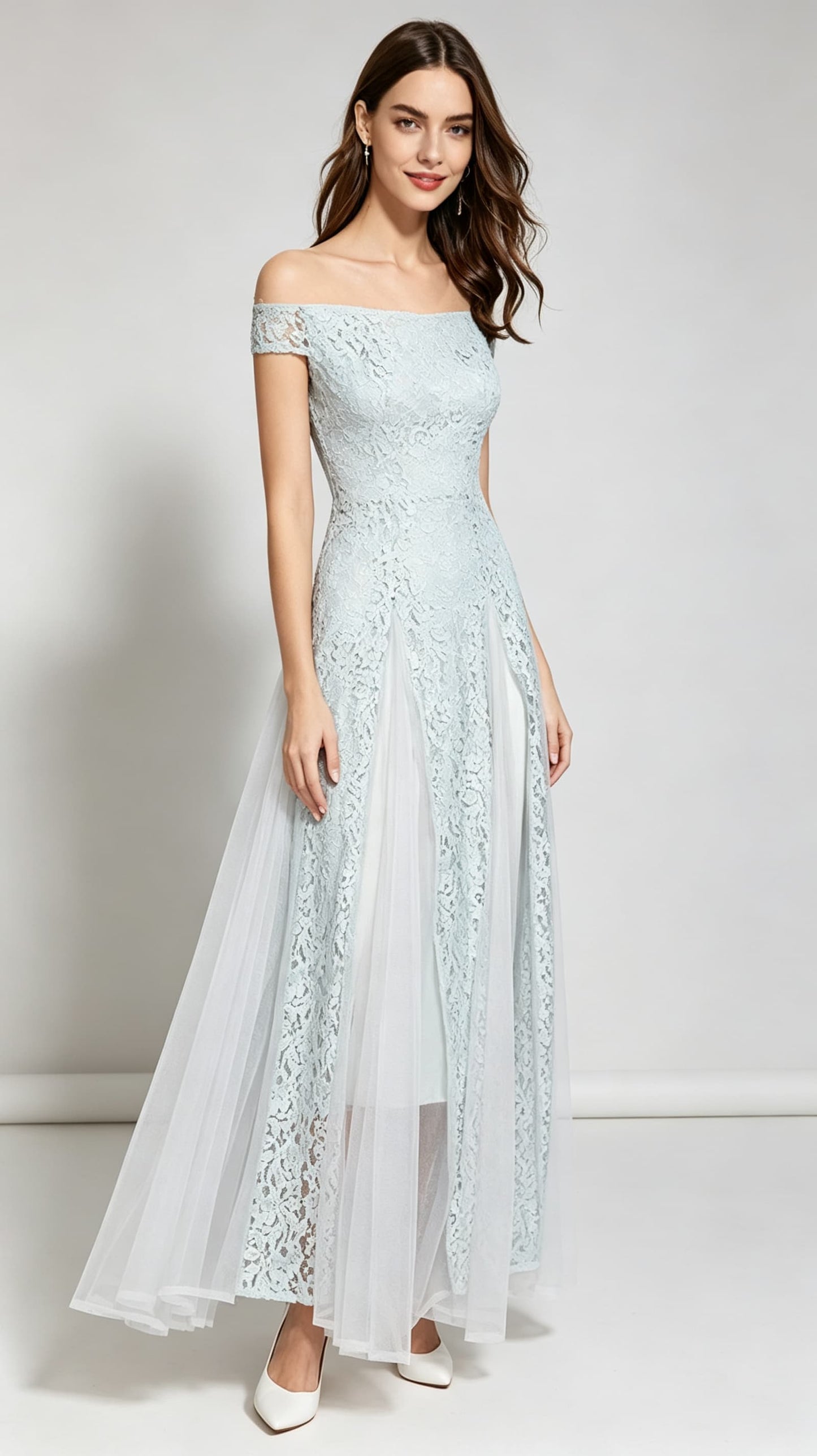Polished A-line Blue Evening Dress Off Shoulder Lace&Tulle Long Formal Dress LFNC0059