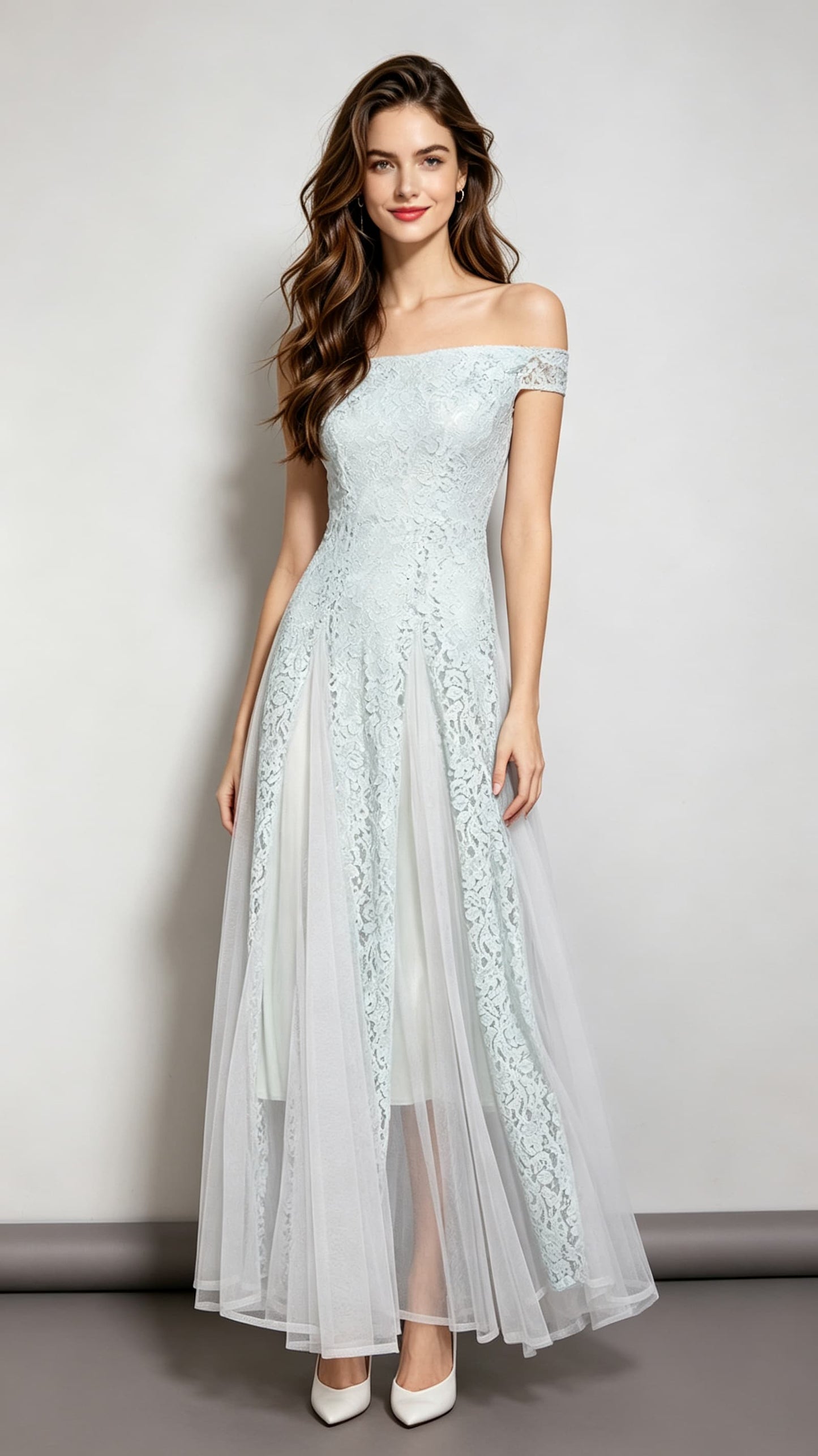 Polished A-line Blue Evening Dress Off Shoulder Lace&Tulle Long Formal Dress LFNC0059