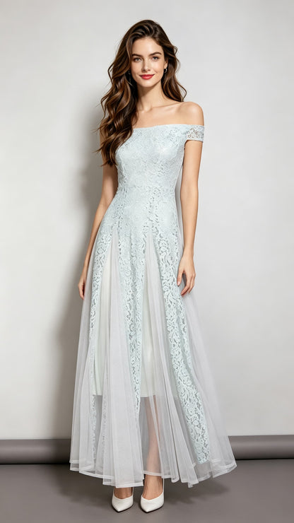 Polished A-line Blue Evening Dress Off Shoulder Lace&Tulle Long Formal Dress LFNC0059