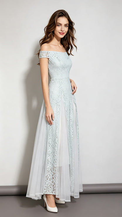 Polished A-line Blue Evening Dress Off Shoulder Lace&Tulle Long Formal Dress LFNC0059
