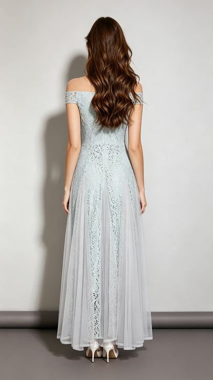 Polished A-line Blue Evening Dress Off Shoulder Lace&Tulle Long Formal Dress LFNC0059