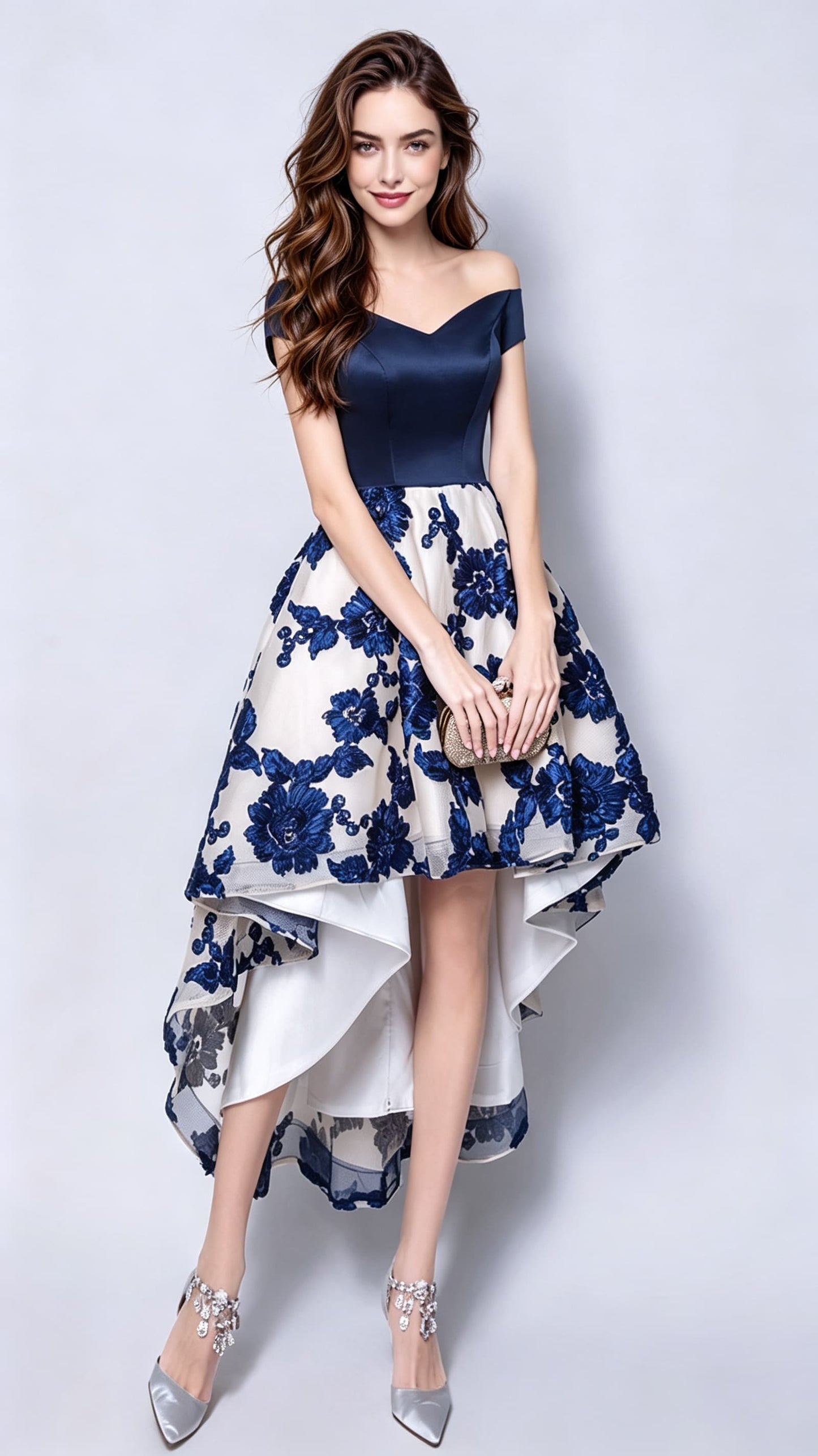 Sleek A-line Blue Evening Dress Off Shoulder Satin High Low Formal Dress LFNC0153