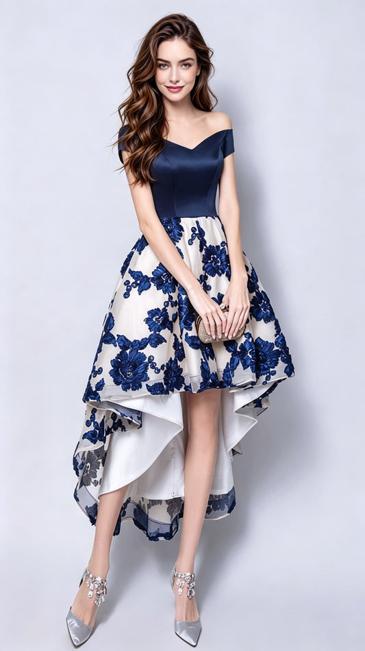 Sleek A-line Blue Evening Dress Off Shoulder Satin High Low Formal Dress LFNC0153
