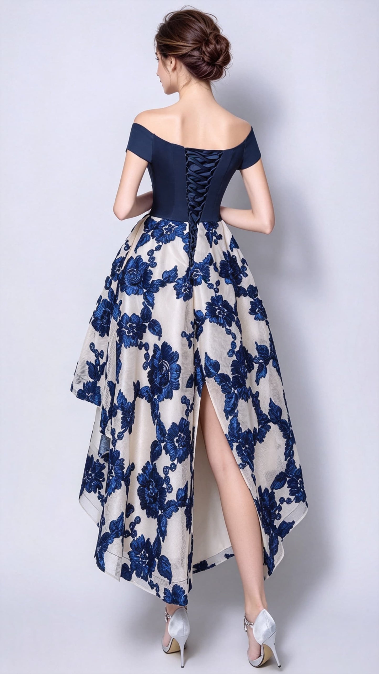 Sleek A-line Blue Evening Dress Off Shoulder Satin High Low Formal Dress LFNC0153