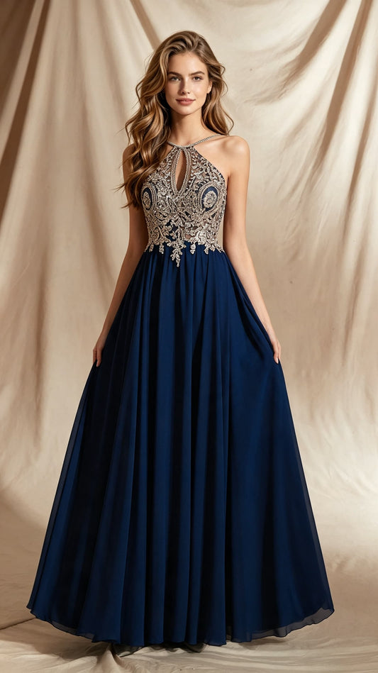 Gorgeous A-line Blue Evening Dress Halter Chiffon Long Formal Dress LFNL0535