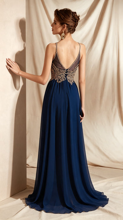 Gorgeous A-line Blue Evening Dress Halter Chiffon Long Formal Dress LFNL0535