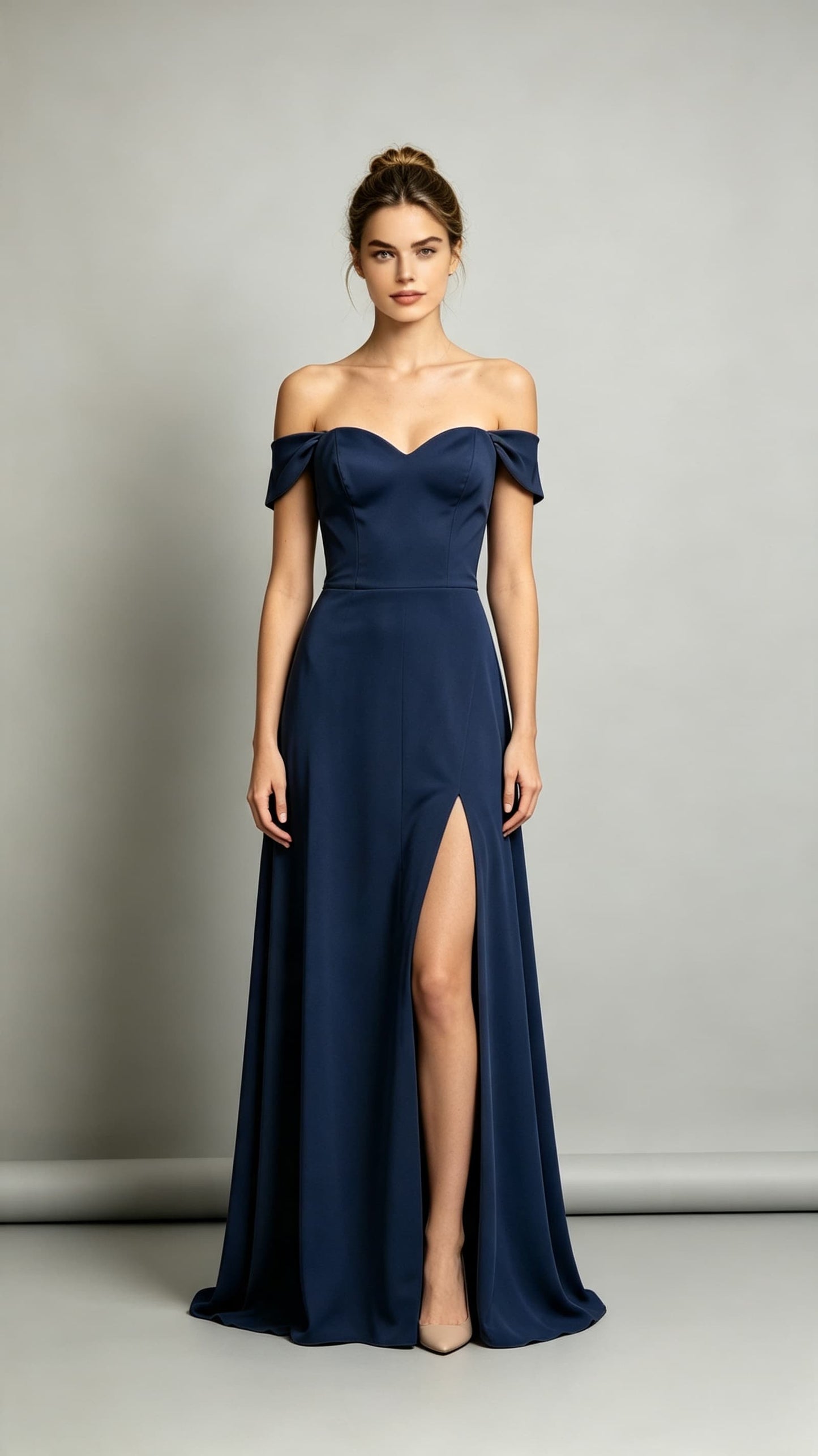 Eye-catching A-line Blue Bridesmaid Gowns Off the Shoulder Polyester Long Formal Dress LFNL0718