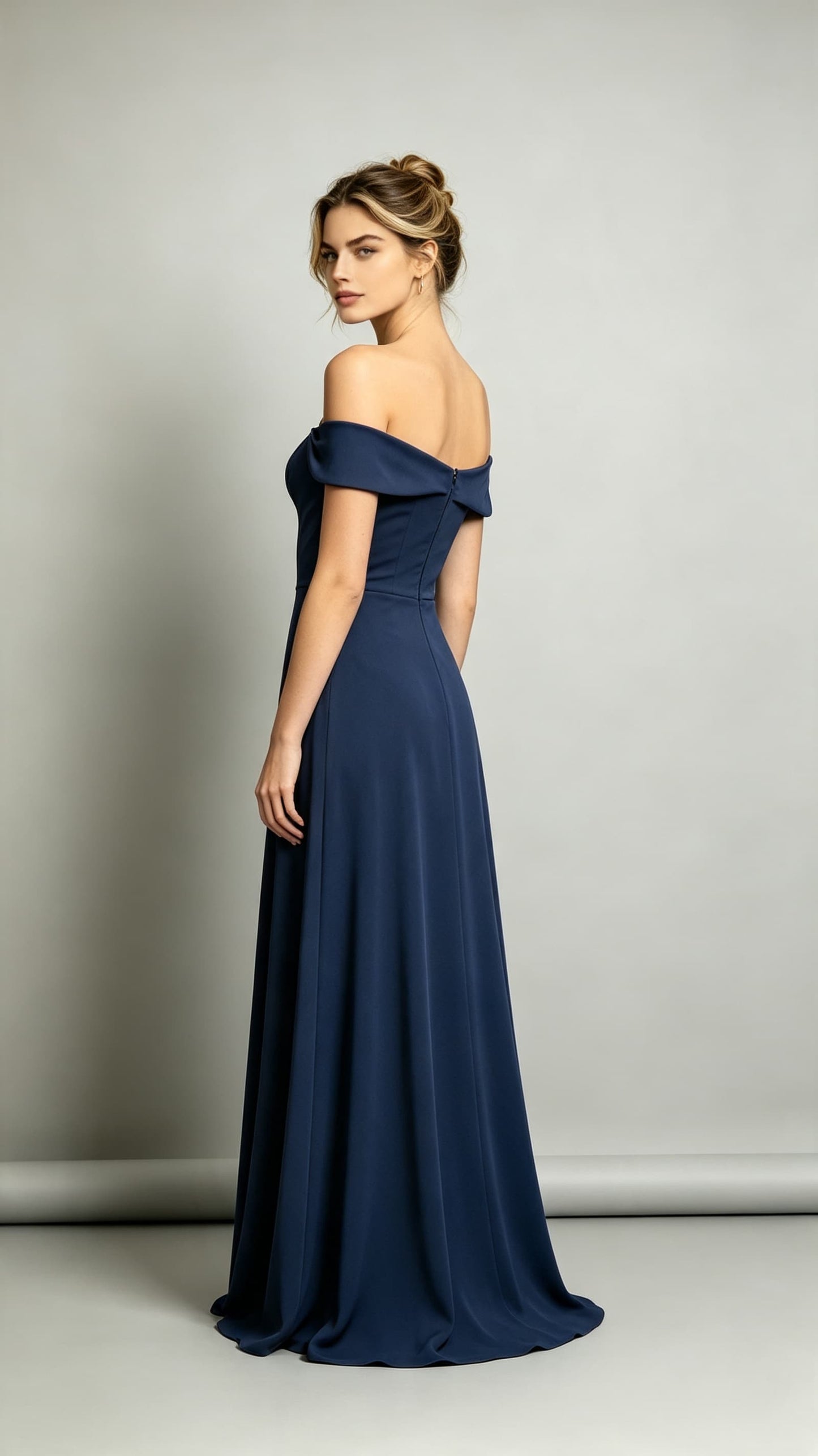 Eye-catching A-line Blue Bridesmaid Gowns Off the Shoulder Polyester Long Formal Dress LFNL0718