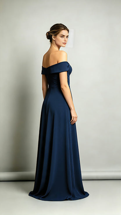 Eye-catching A-line Blue Bridesmaid Gowns Off the Shoulder Polyester Long Formal Dress LFNL0718