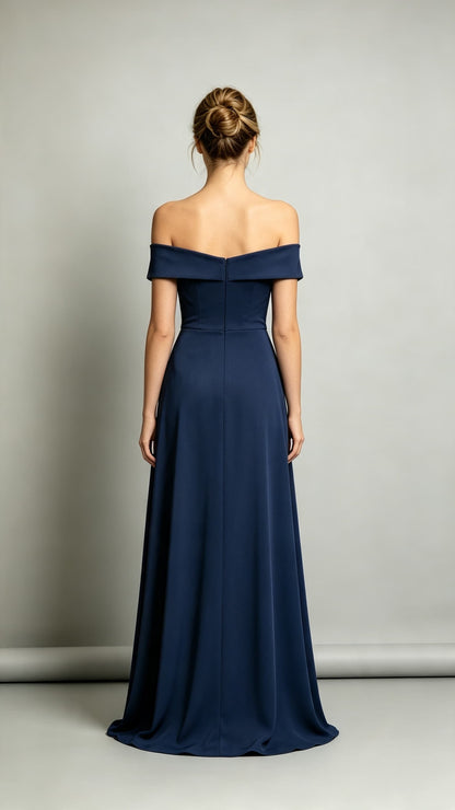 Eye-catching A-line Blue Bridesmaid Gowns Off the Shoulder Polyester Long Formal Dress LFNL0718