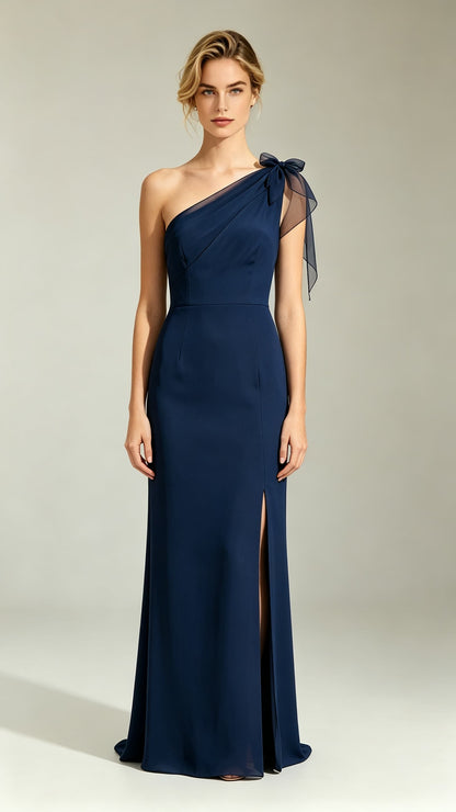 Navy one shoulder mermaid chiffon maxi evening gown, tulle bow detail, diagonal bodice seams, front high slit, custom formal dress