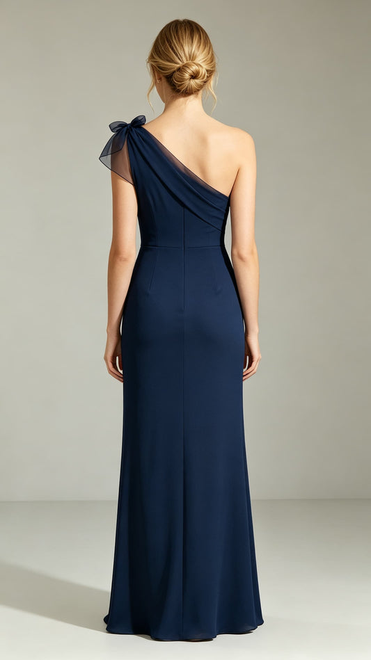 Feminine Mermaid Blue Evening Gowns One Shoulder Polyester Tulle Maxi Dress LFNL0797